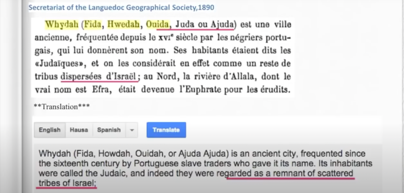Slide from the "Hidden Hebrews — High Point, NC" conference lecture quoting the Secretariat of the Languedoc Geographical Society, 1890, in French with an English translation