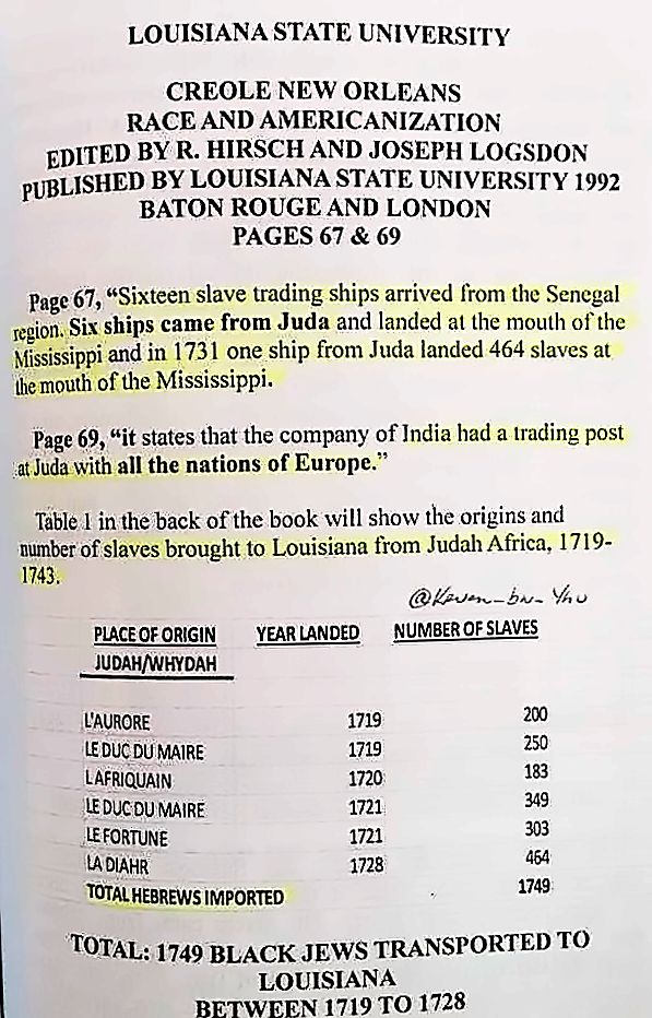 Scan from "Creole New Orleans: Race and Americanization" (LSU Press, 1992) citing slave ships from Judah/Whydah landing at the Mississippi, with a table totaling 1,749 Black Jews transported to Louisiana 1719–1728