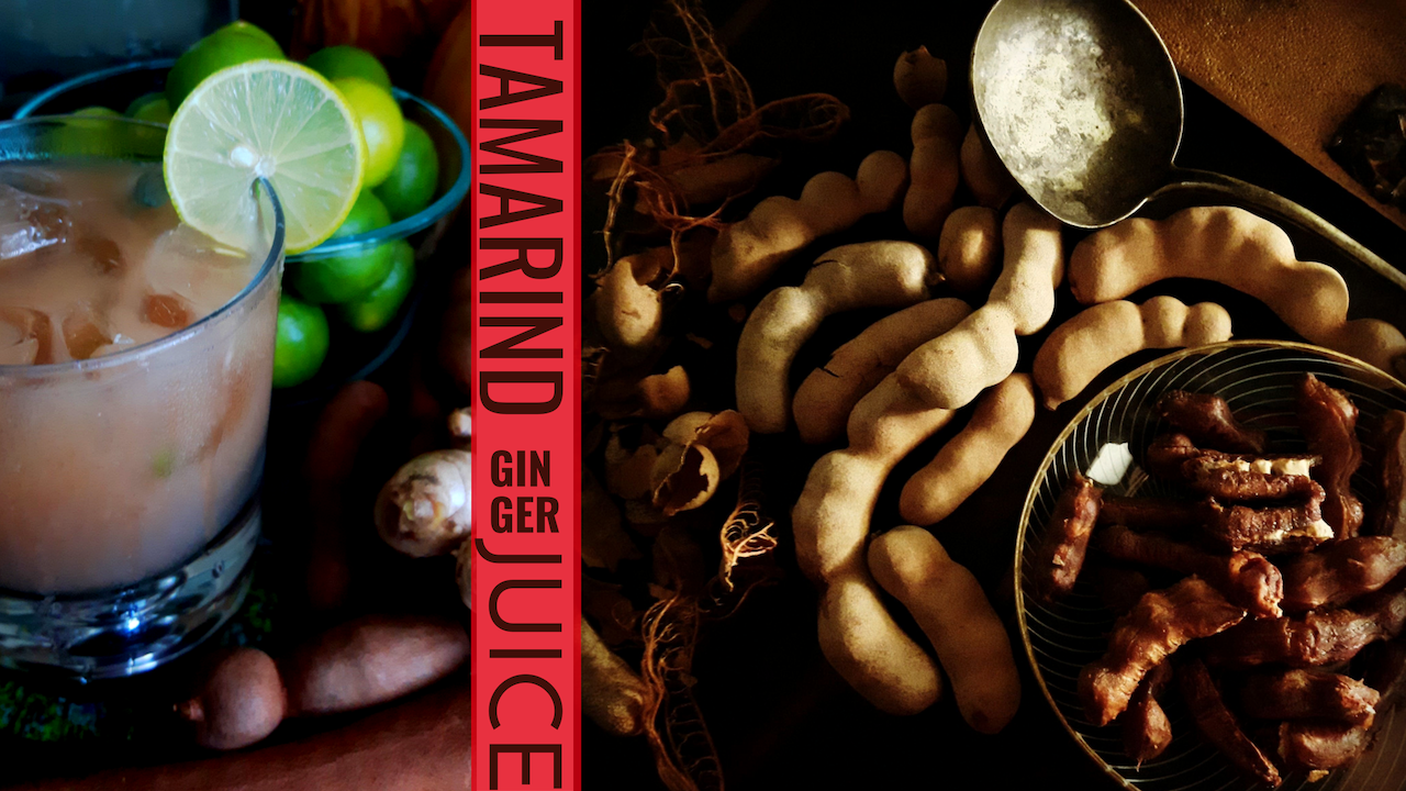 Tamarind ginger juice ingredients laid out — fresh tamarind pods, lime, and ginger